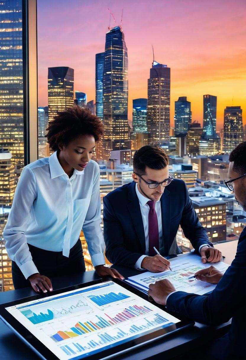 A diverse group of investors analyzing graphs and charts about housing trends on a large tablet, surrounded by skyscrapers and residential buildings in the background. They look engaged and thoughtful, with a city skyline at sunset. Include elements such as financial documents and a laptop open with property listings. modern, vibrant colors, super-realistic.