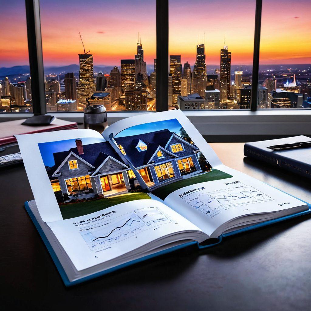 A modern real estate portfolio displayed as a vibrant, open book, featuring images of beautiful properties and glowing charts symbolizing growth. Surround the book with tools like a magnifying glass, calculator, and blueprints, suggesting expert analysis and strategy. The background should depict a city skyline at sunset, representing limitless potential in real estate. super-realistic. vibrant colors. 3D.