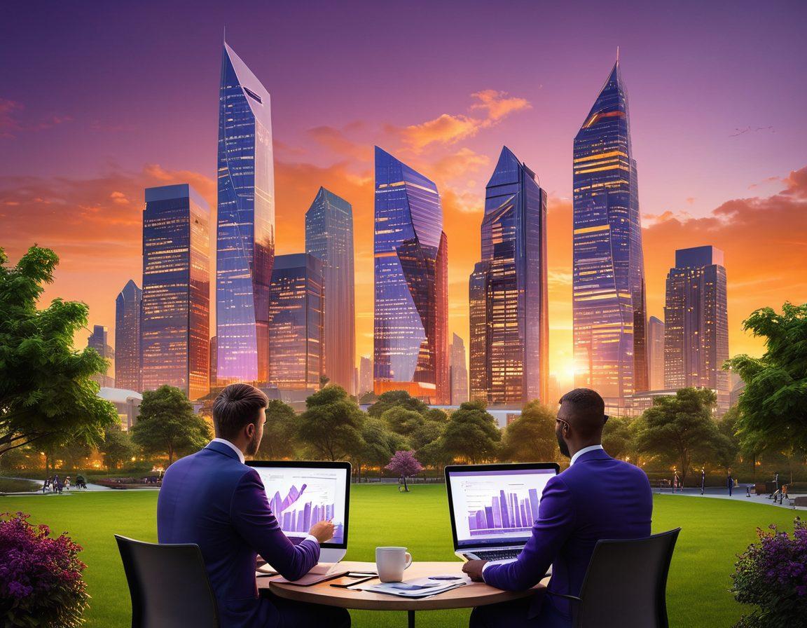 A dynamic city skyline at sunset with modern skyscrapers and lush green parks, featuring enthusiastic investors discussing property plans under a vibrant orange and purple sky. Include a diverse group of people holding blueprints and laptops, symbolizing collaboration and success in real estate. The foreground should highlight a 'For Sale' sign in front of a stylish house. super-realistic. vibrant colors. 3D.